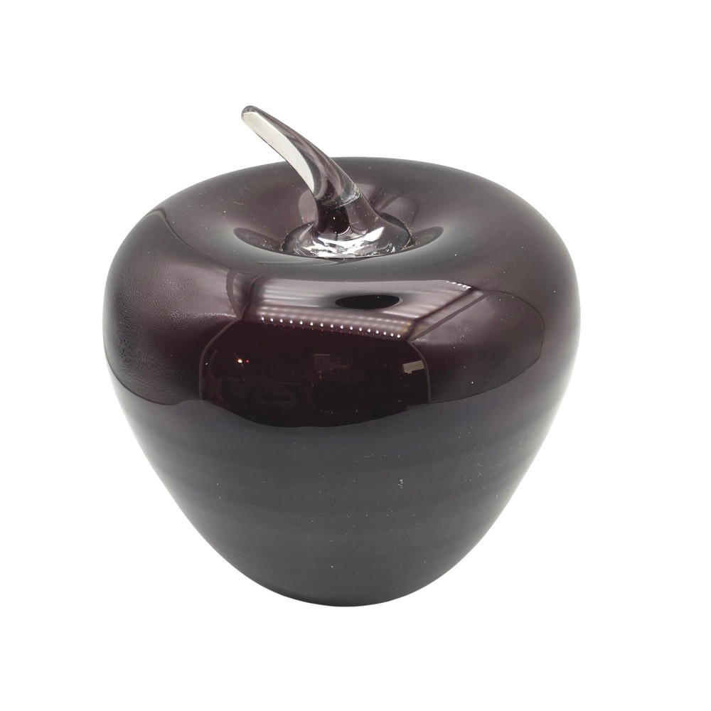 BLENKO Amethyst Handblown Art Glass Apple Paperweight‎ Clear Stem Art